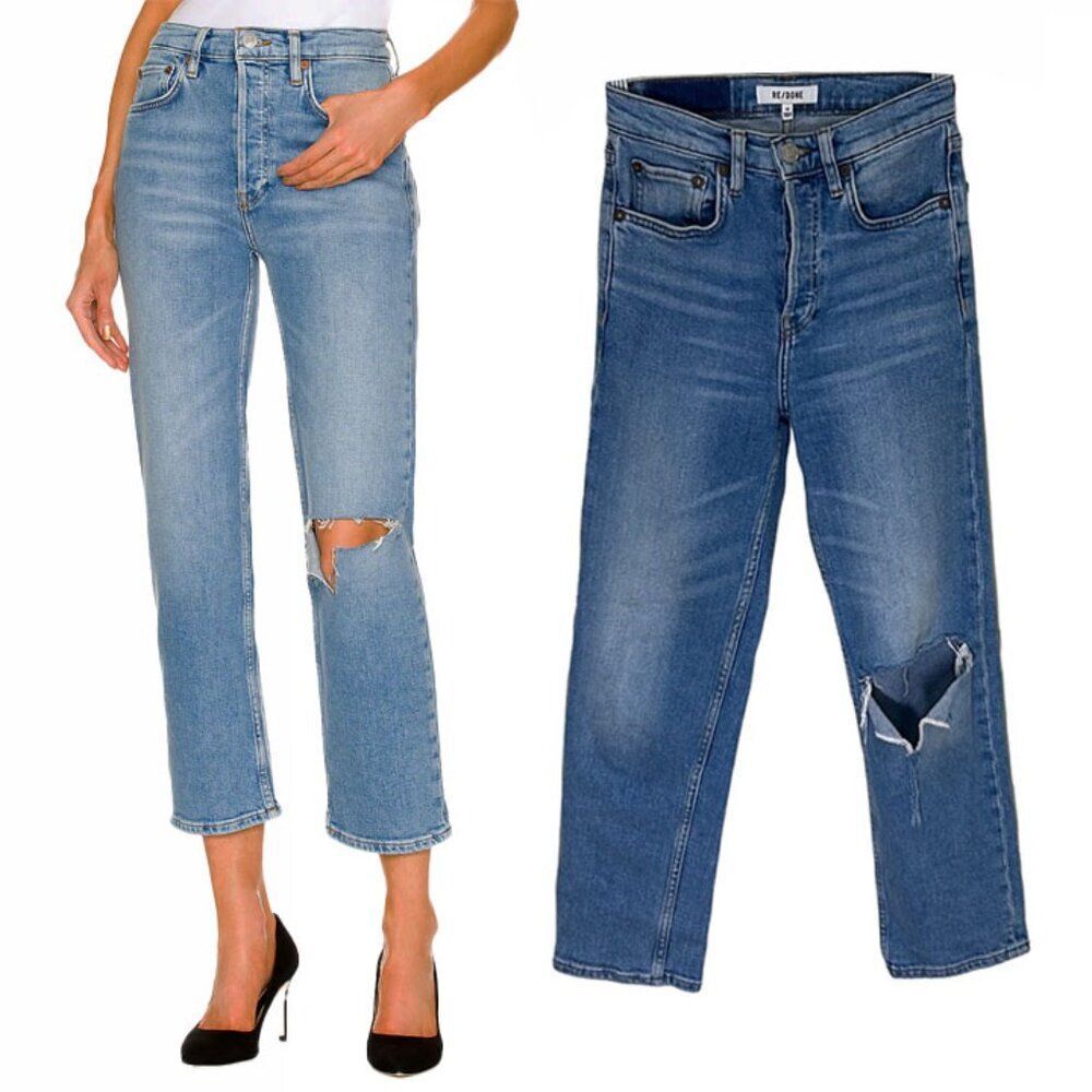 Re/Done, Originals 70s Stovepipe Cropped Ripped Knee Jeans, Size 24 MidWash Blue